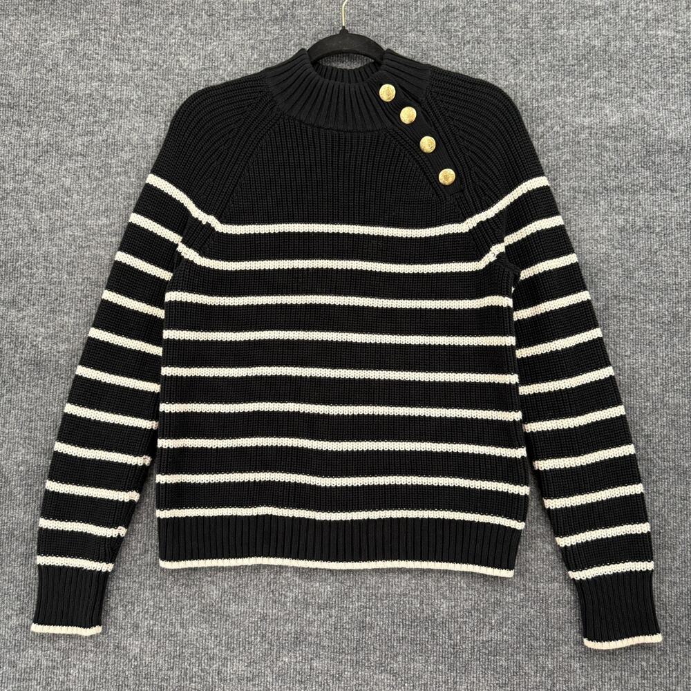 J Crew Mock Neck Sweater Size S Striped Gold Buttons Nautical Fisherman Cotton